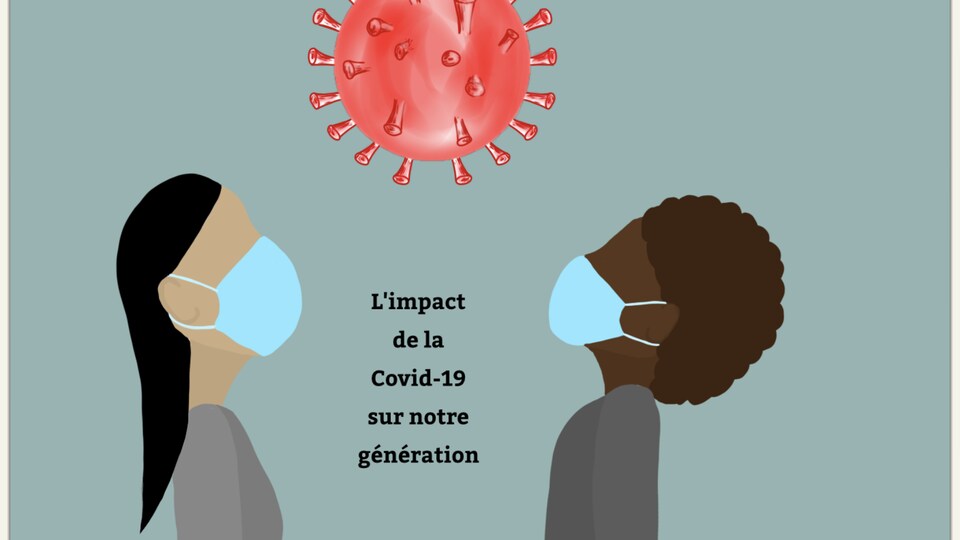 En dessin : deux personnages sous le virus COVID-19 avec le titre du projet au centre.
