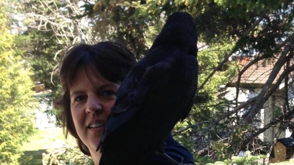Un corbeau est juché sur son épaule.