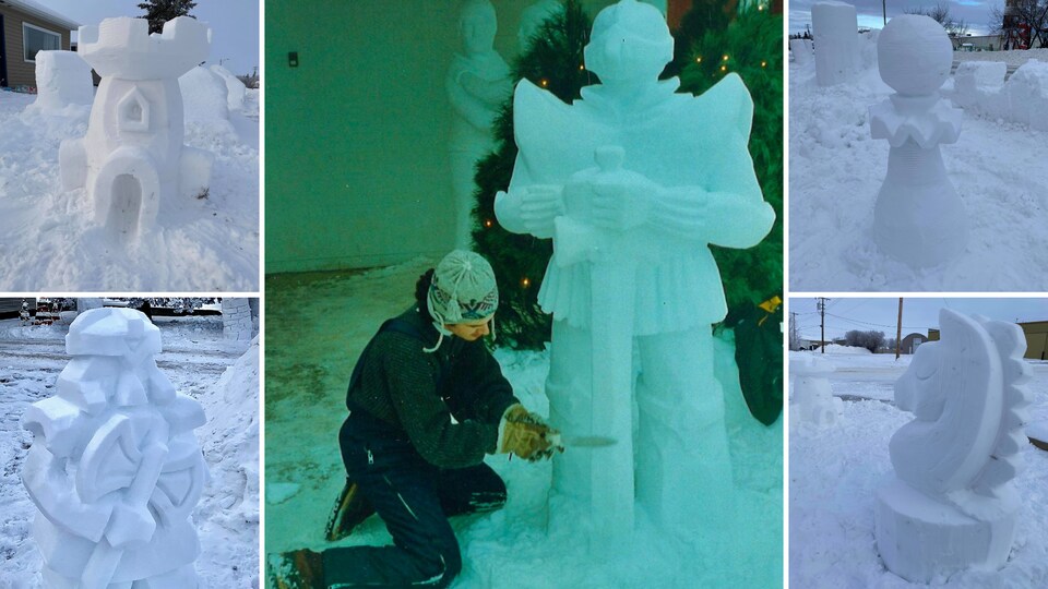 Montage de différentes sculptures représentant des pièces d'un jeu d'échec.