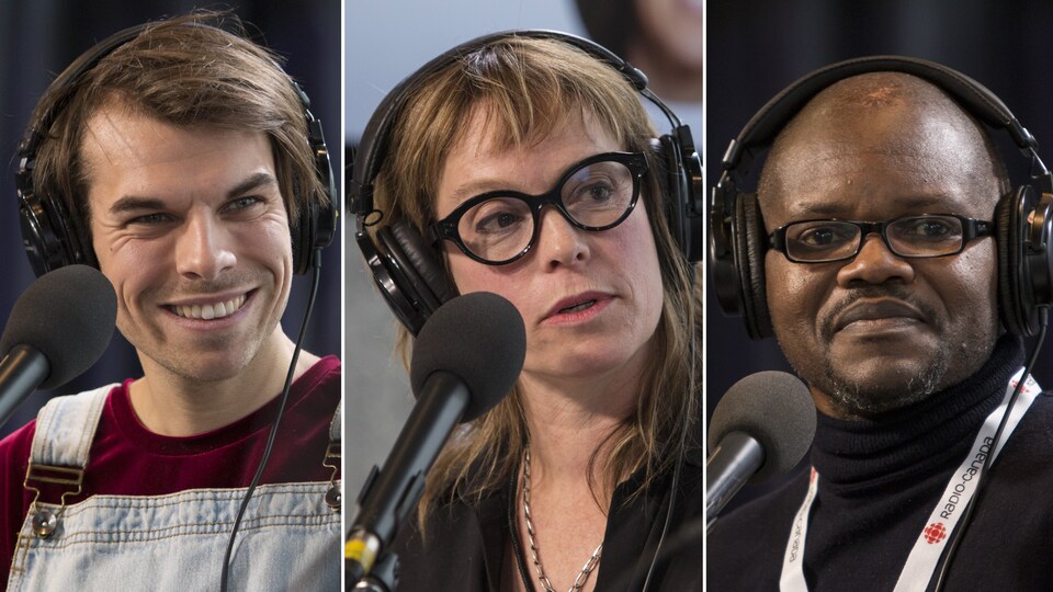 Kevin Lambert, Martine Delvaux et Blaise N'Dala, des écouteurs sur la tête, assis derrière un micro.