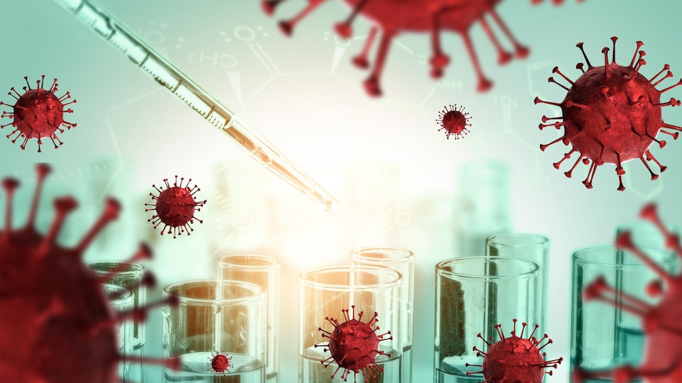 Illustration de plusieurs virus SRAS-CoV-2 sur fond d'éprouvettes scientifiques.