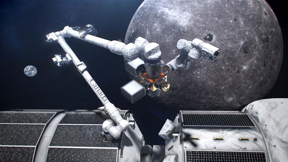 Illustration d'artiste qui présente un long bras articulé et robotisé dans l'espace, attaché à une station spatiale. L'arrière-plan montre la Lune.