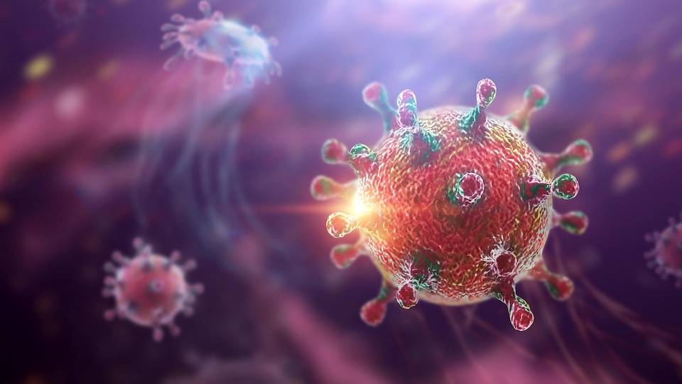 Illustration d'un virus sur lequel agit une particule scintillante.