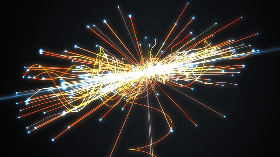 Illustration de collisions de particules dans le grand accélérateur.