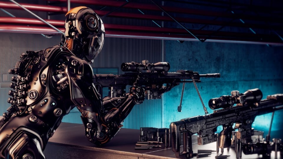 Un robot qui tient un fusil de type «sniper»
