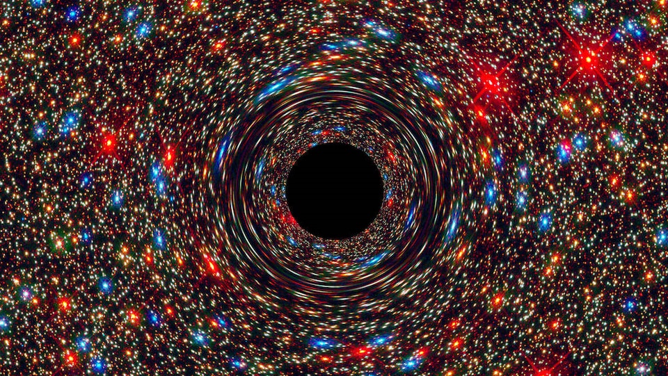 Image tirée d'une simulation par ordinateur représentant un trou noir supermassif au centre d'une galaxie.