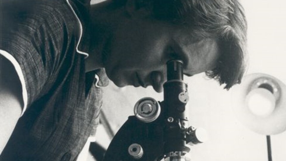 Rosalind Franklin à un microscope.