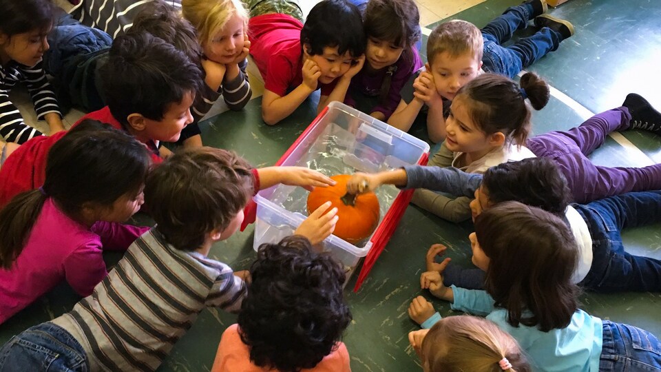 Des enfants testent la flottaison d'une citrouille.