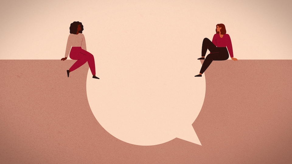 Illustration de deux femmes assises  chacune sur les côtés d'un ravin en forme de bulle.