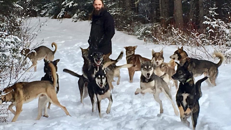 Le musher Guillaume Otis avec ses chiens