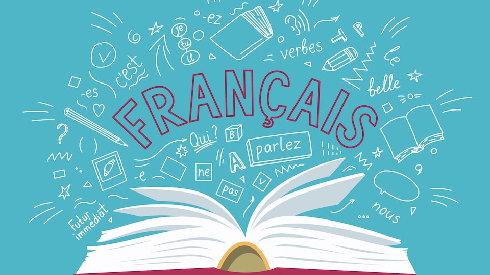 Un livre est ouvert et des mots en français en sortent.
