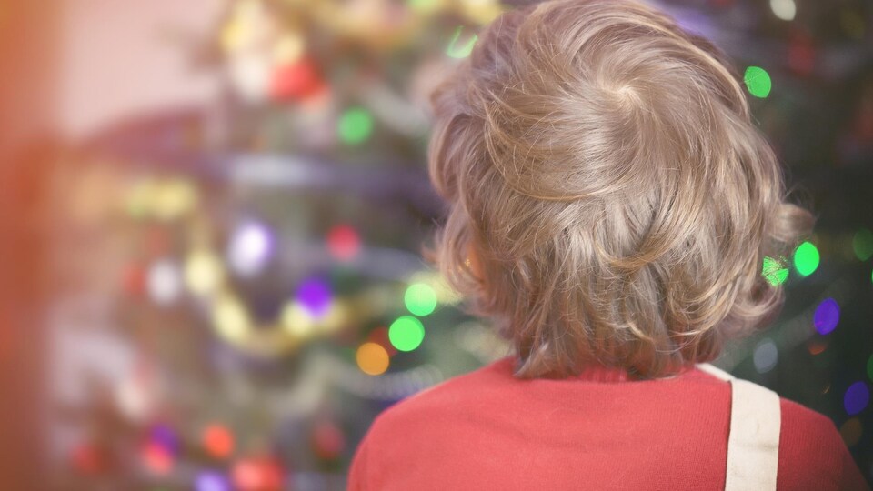 Un enfant, de dos, devant un arbre de Noël.