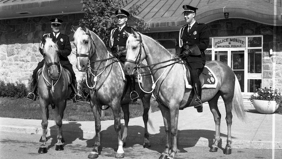 Trois policiers à cheval devant la cavalerie.