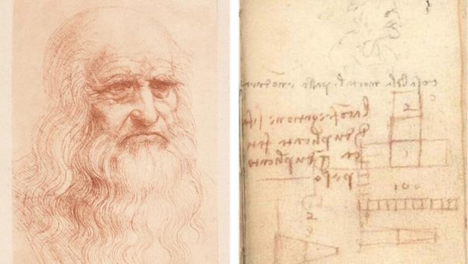 Montage d'un dessin du visage de Léonard de Vinci et de l'un de ses dessins.