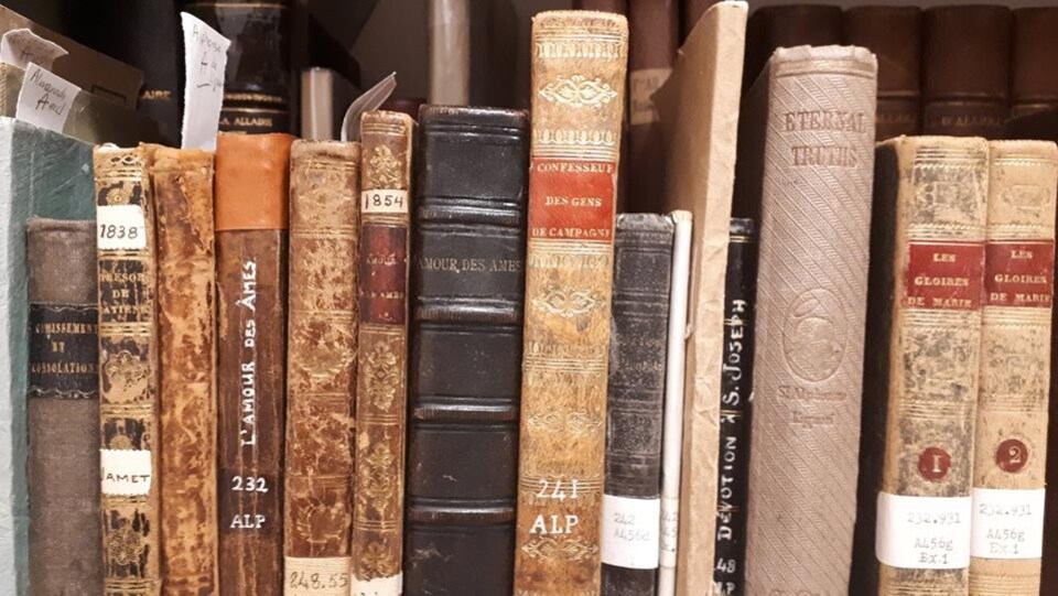 Des livres anciens dans une bibliothèque.