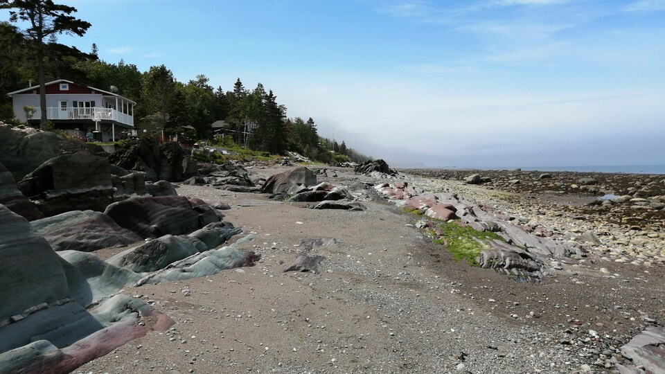Quelques maisons devant une plage parsemée d'immenses rochers.