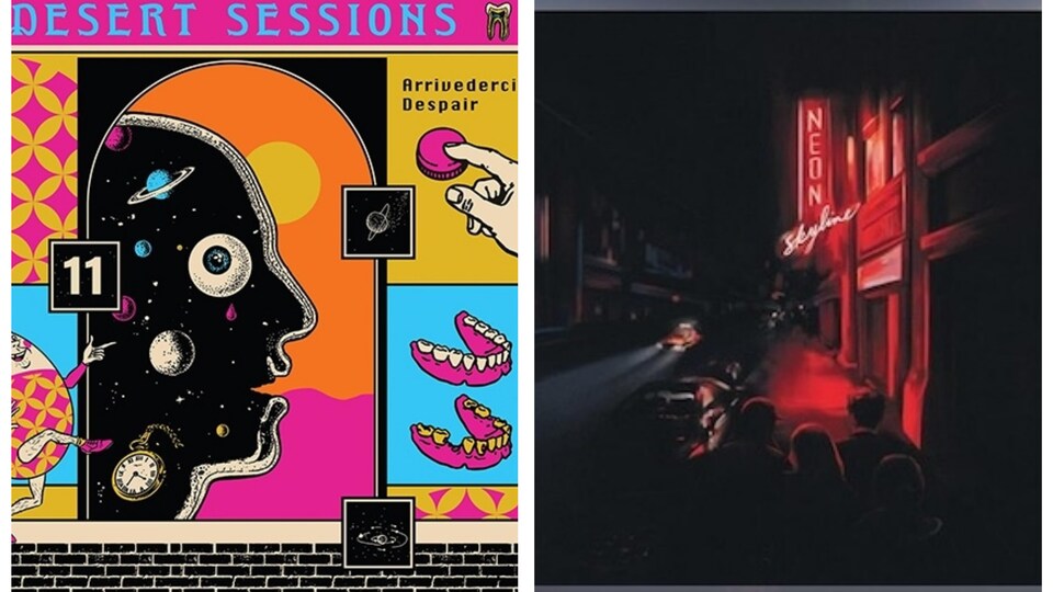 Photomontage avec deux pochettes d'album qui représente d'un côté un dessin de visage et plusieurs motifs autour et de l'autre une avenue la nuit.