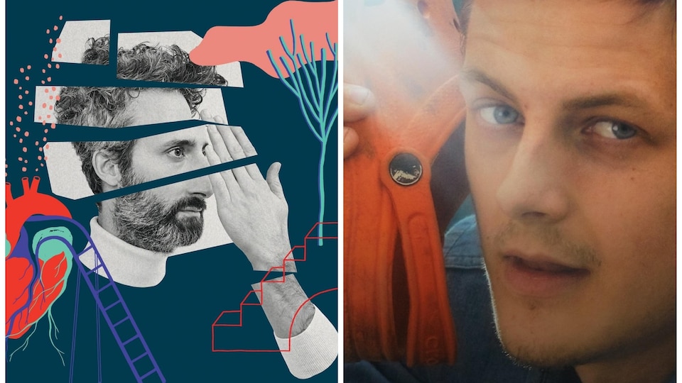 Collage de deux pochettes d'album de musique avec d'un côté le portrait découpé d'un homme et de l'autre le gros plan d'un homme qui tient une chaussure à son oreille.