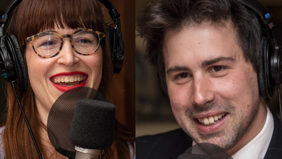Montage d'une photo de Catherine Ethier, souriante au micro, et d'une de Philippe-Audrey, souriant au micro.