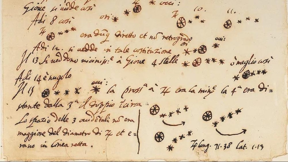Le manuscrit d'une page contient notamment des dessins représentant les premières observations des lunes de Jupiter par Galilée
