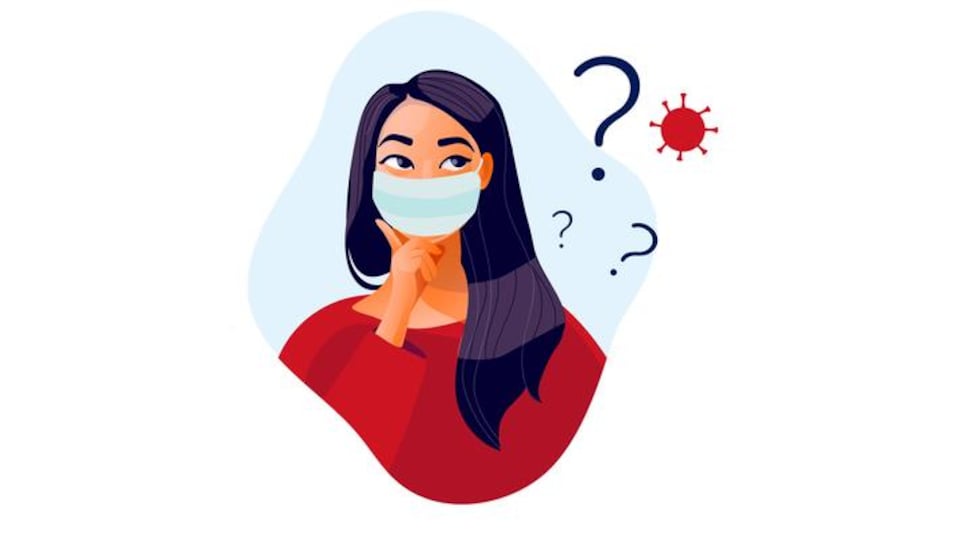 Illustration d'une femme portant un masque accompagnée de points d'interrogations et une image du coronavirus.