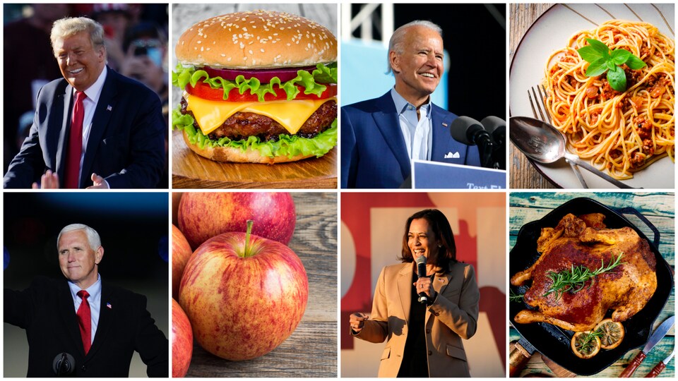 Un montage photo de Donald Trump, Mike Pence, Joe Biden et Kamala Harris et leurs aliments préférés.