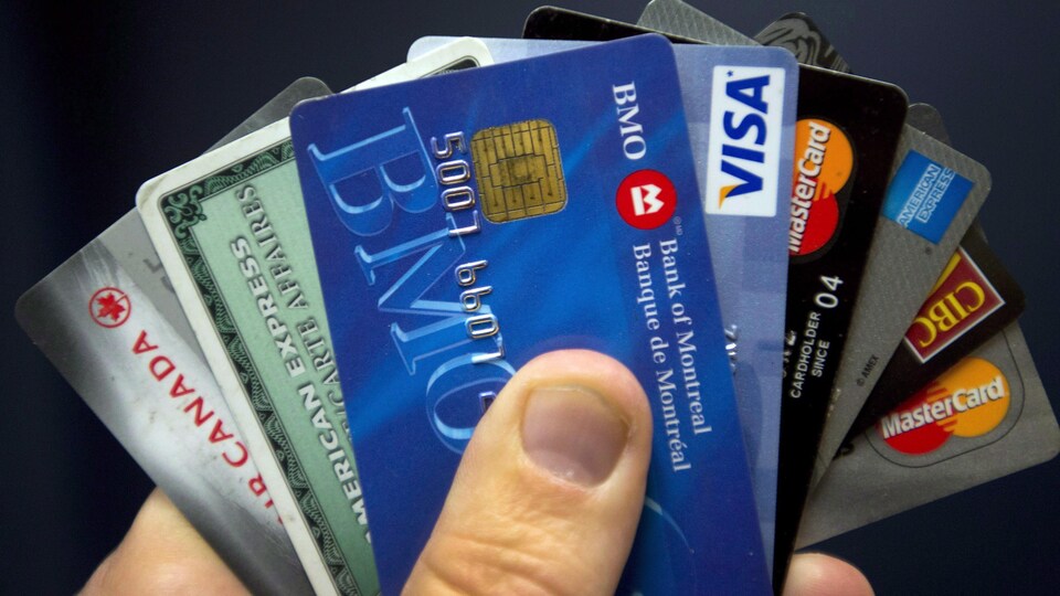 Une personne tient dans sa main diverses cartes de crédit. 