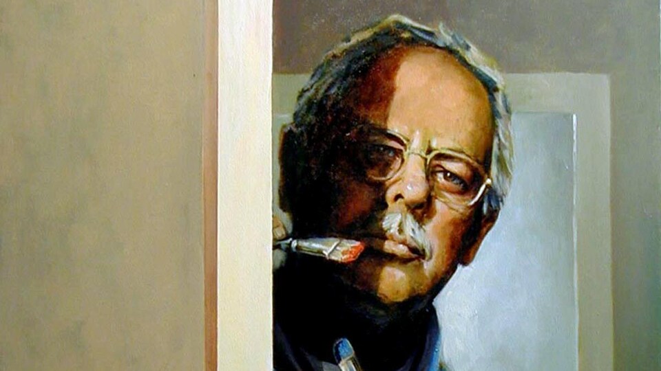 Autoportrait du peintre devant une toile avec ses pinceaux.