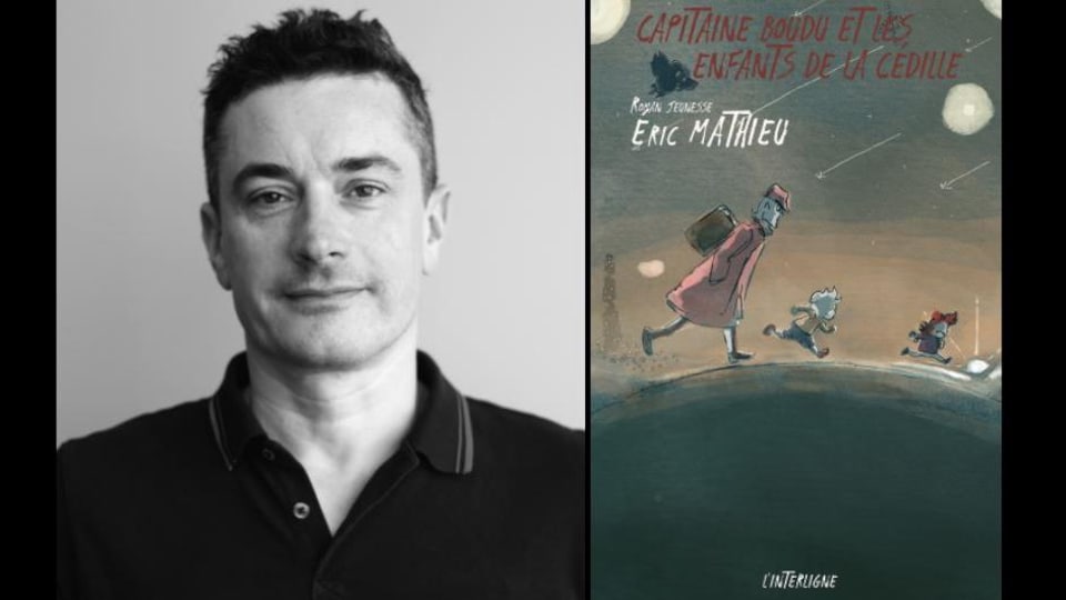 L'auteur Éric Mathieu et la couverture de son premier ouvrage jeunesse « Capitaine Boudu et les enfants de la cédille », publié par les Éditions L'interligne en septembre 2020