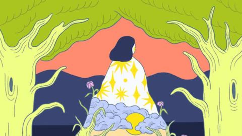 La pochette de l'album; une illustration psychédélique d'une femme qui émerge du paysage