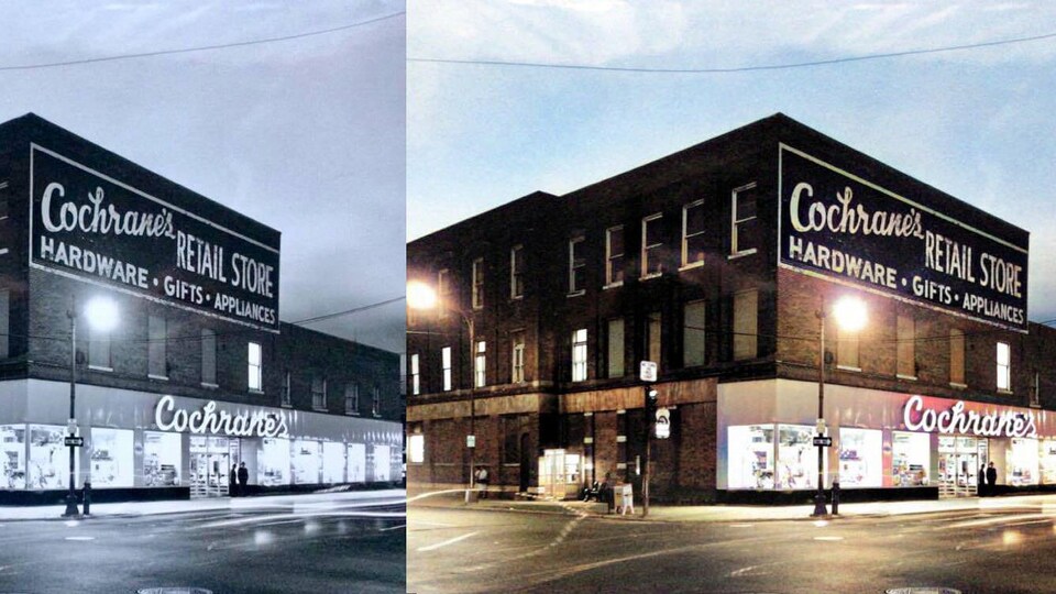 Deux images, l’une à côté de l’autre : une photo en noir et blanc d’une vieille quincaillerie et la version colorisée de cette même photo