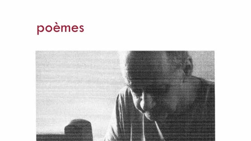 La page couverture du recueil « poèmes » de Patrice Desbiens, avec une photo de l'auteur qui tape sur une machine à écrire installée sur une chaise.