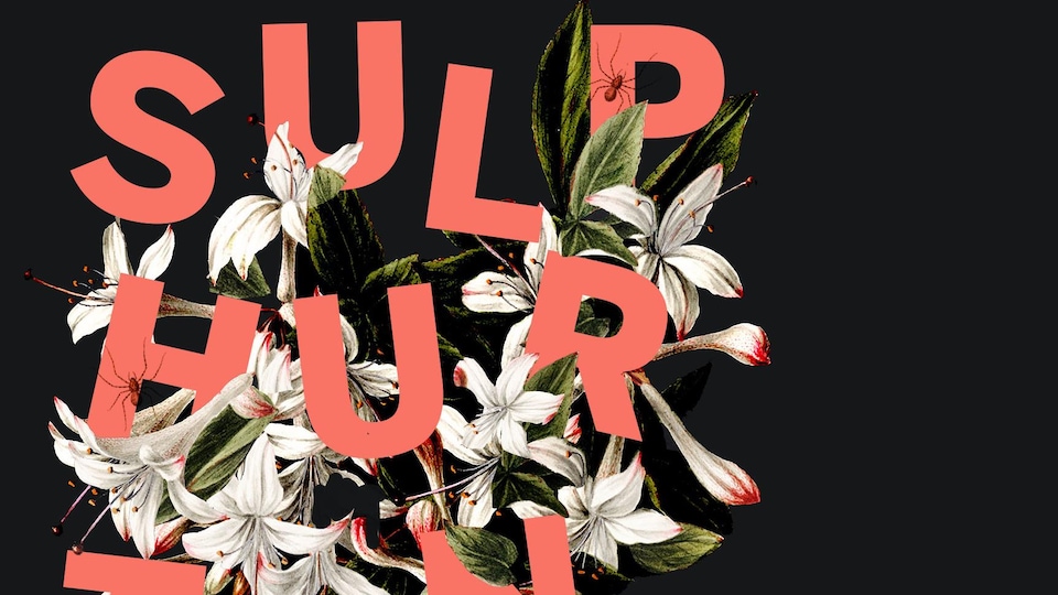 La page couverture du recueil « Sulphurtongue » ; des fleurs poussent parmi les lettres qui épellent le titre de l’œuvre