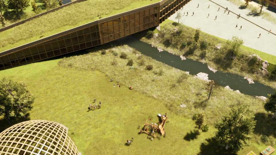 Aperçu d'un parc urbain où un édifice doté d'un toit vert traverse un ruisseau