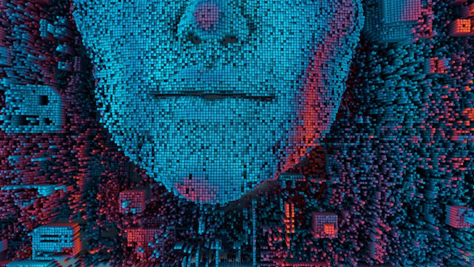 Une infographie représentant l'intelligence artificielle. On voit la moitié du bas d'un visage bleu.