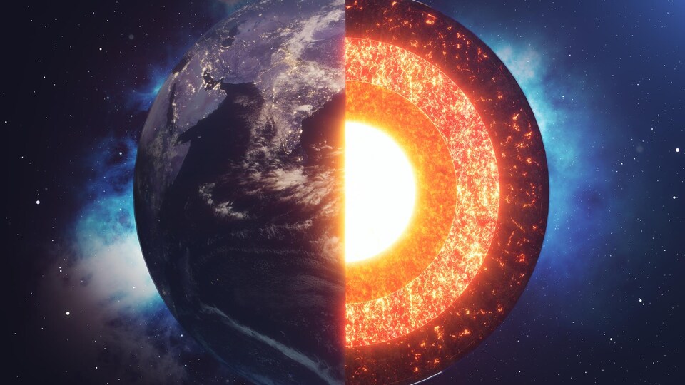 Une infographie en trois dimensions montre la Terre et son noyau.