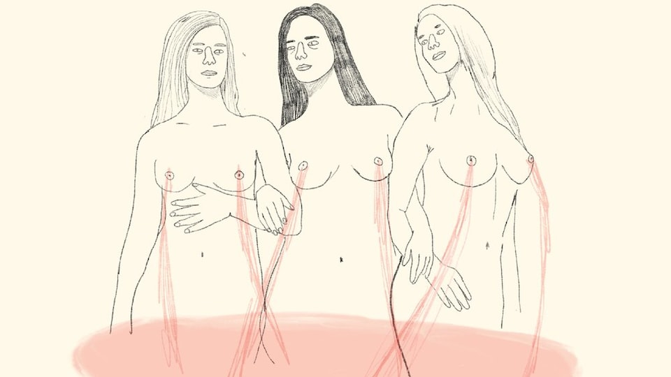 Un dessin au crayon de trois femmes nues, une traînée rougeâtre fuit de leurs mamelons pour former une marée au niveau de leurs hanches