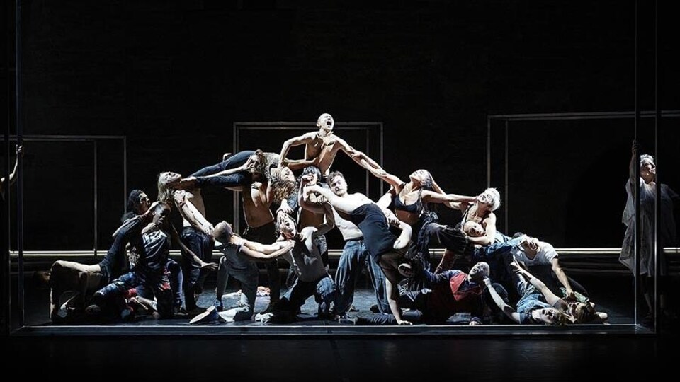 Une troupe de danse en pleine chorégraphie sur une scène.