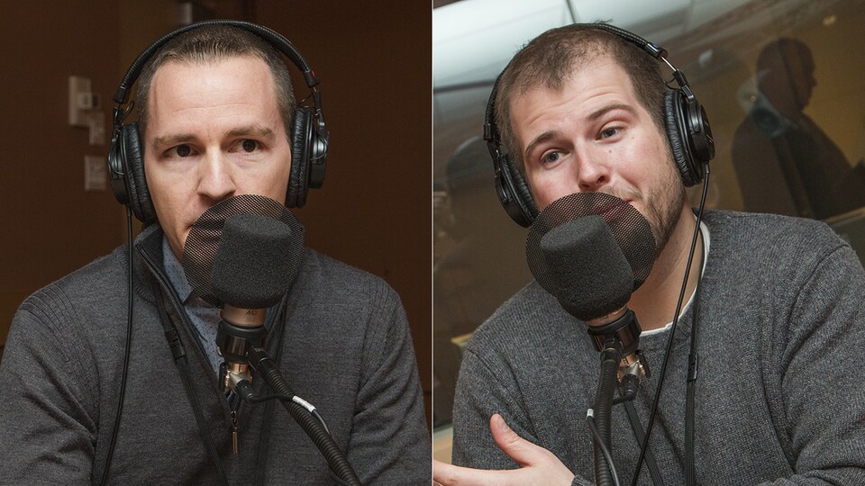 Maxime Bérubé et David Décary-Hétu au micro de Catherine Perrin