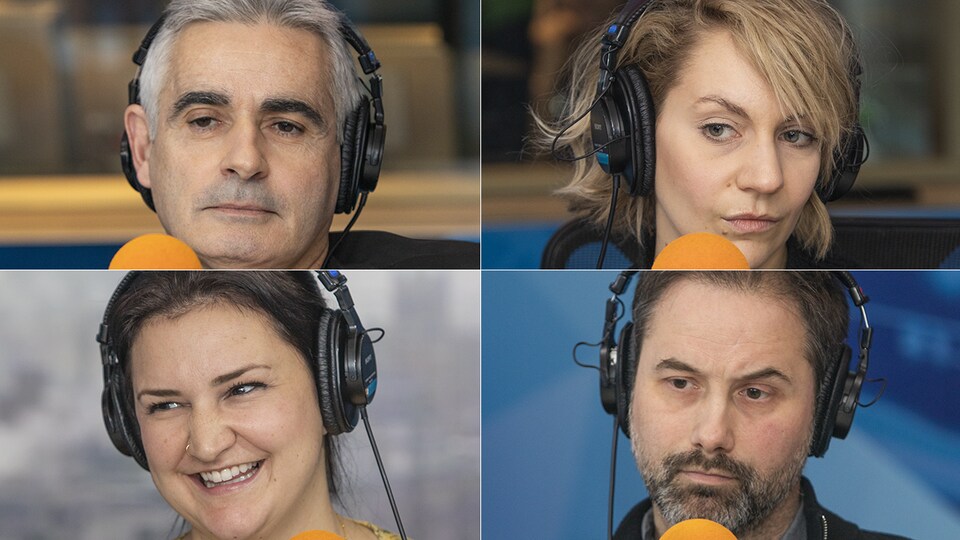 Patrice Coquereau, Léane Labrèche-Dor, Jacynthe Maltais et Martin Binette au micro de Catherine Perrin.