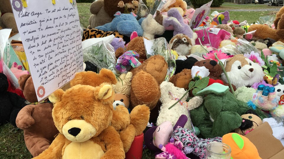 Stuffed animals, a poster and lanterns placed in front of a dwelling.