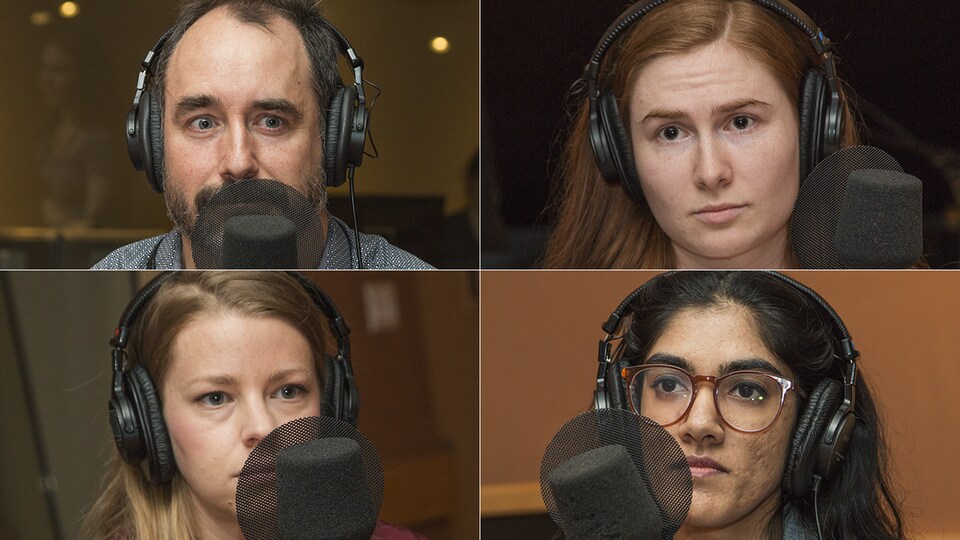 Yanick Fournier, Paméla Dumont, Judith Lussier et Asmina Thirunavukarasu au micro de Catherine Perrin.