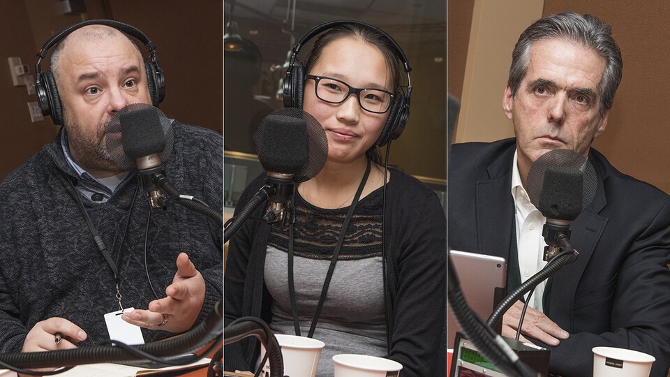 Marc-André Girard, Amy Tran et Glenn O'Farrell au micro de Marie Grégoire