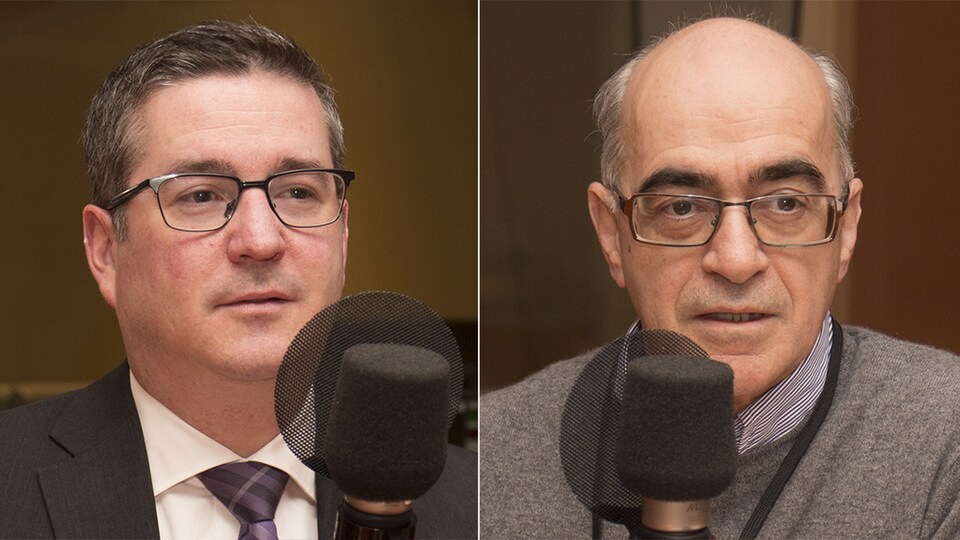 Graham Fox et Alain G. Gagnon répondent aux questions de Catherine Perrin au studio 18 de Radio-Canada, à Montréal, le 26 mars 2018.