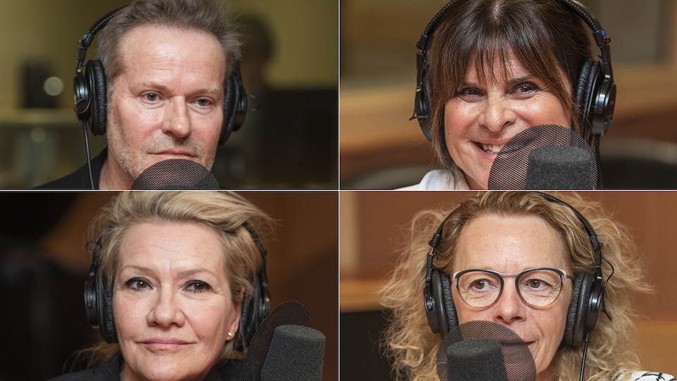 Luc Guérin, Guylaine Tremblay, Élise Guilbault et Danielle Trottier au micro de Catherine Perrin. 