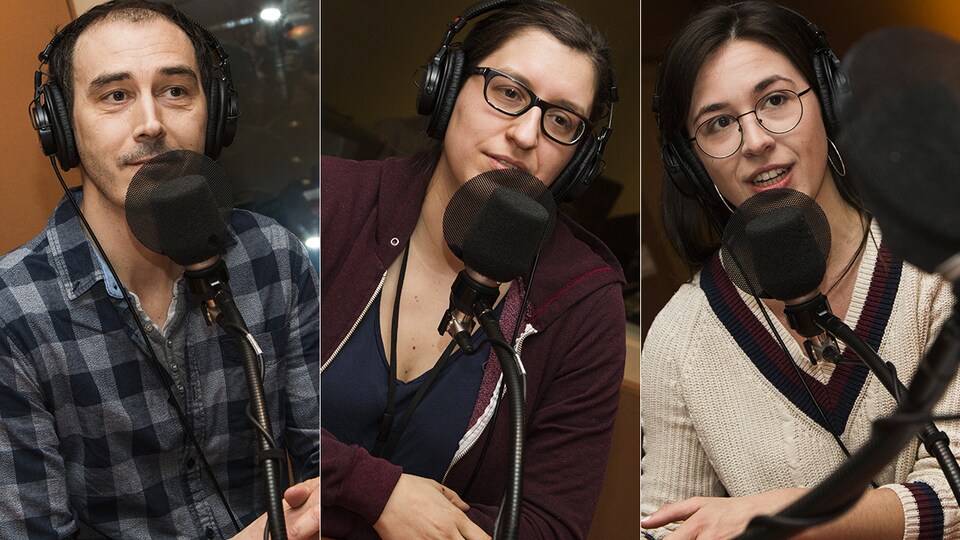 Steve Laplante, Catherine Léger et Aurélie Lanctôt discutent au micro de Catherine Perrin