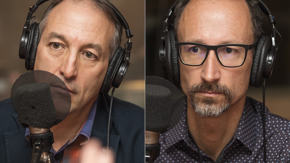 Normand Mousseau et Alain Bourque au micro de Catherine Perrin.