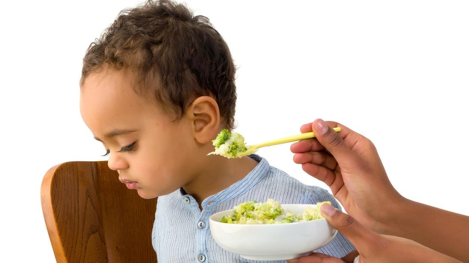 Un jeune enfant refuse la cuillère de nourriture qui lui est tendue.