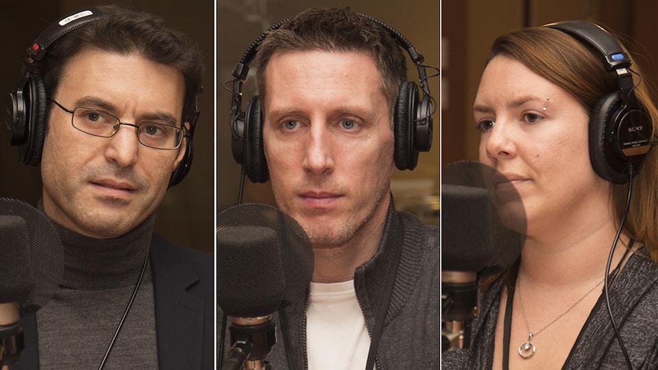 Marc-Antoine Dilhac, Patrick Dufresne et Marie-Ève Martel au studio 18 de Radio-Canada, à Montréal, le 18 décembre 2017