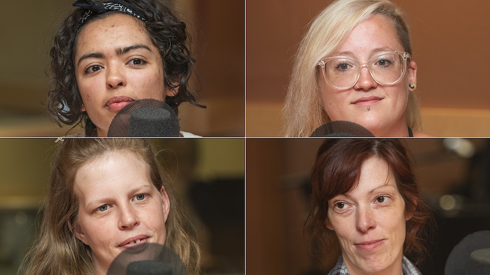 Tracey-Samantha Petit, Marie-Michèle Cloutier, Mélanie Thibeault et Patricia Dorais au micro de Catherine Perrin.